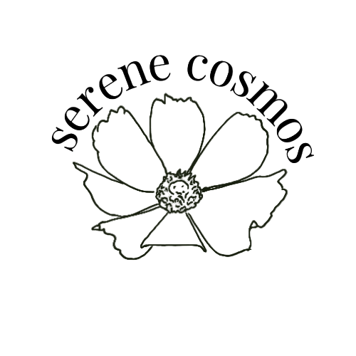Black and white illustration of a cosmos flower with 'serene cosmos' text.